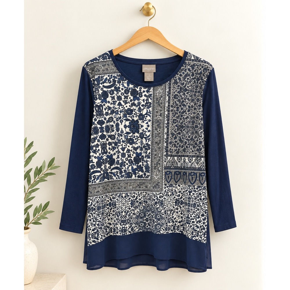 Chicos Size 3 XL Navy Blue Floral Patchwork Mixed Media Tunic Long Sleeve Top
